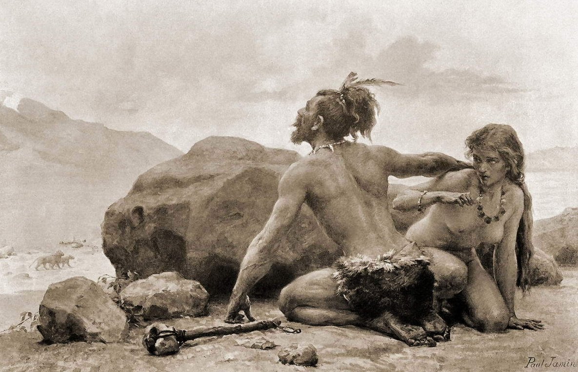 A clichéd image of the man–woman relationship in prehistoric times: “Dangereuse Rencontre” by Jean-Paul Jamin (source: Wikipedia). This view has since been corrected in books such as Lady Sapiens (2021).